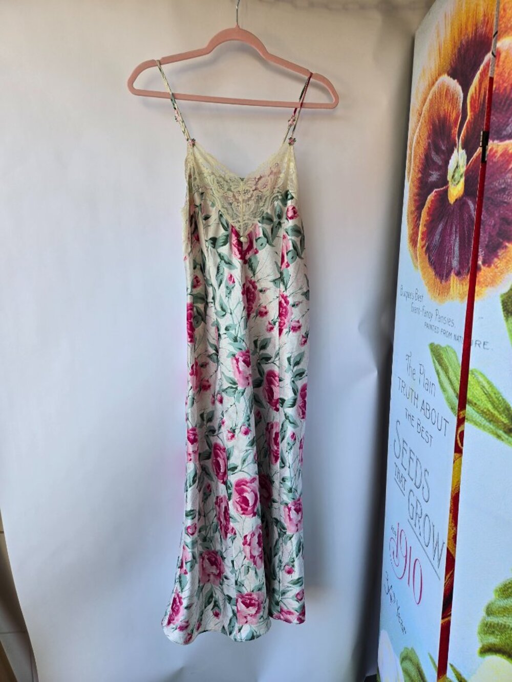 Vintage 90s Satin Rose Print Slip Dress Nightgown Maxi Fairycore Romantic Ballet - Picture 3 of 11
